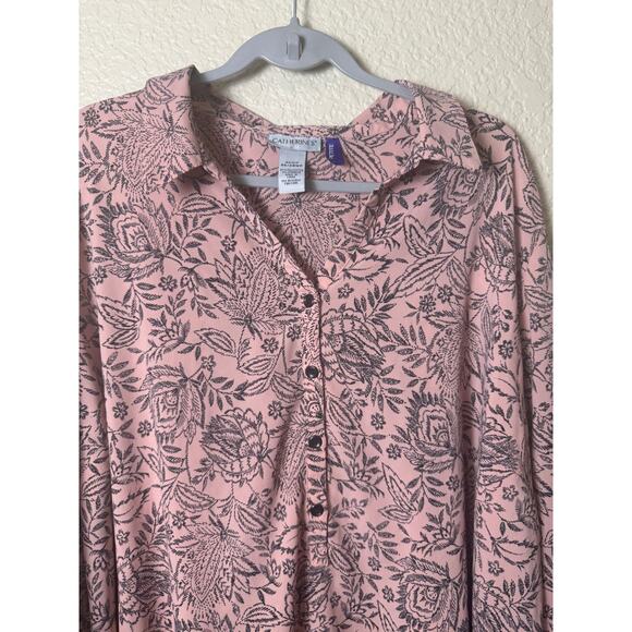 Catherines Pink Black Floral Popover Blouse Collared 3/4 Sleeve 3X Plus Petite - Picture 5 of 7